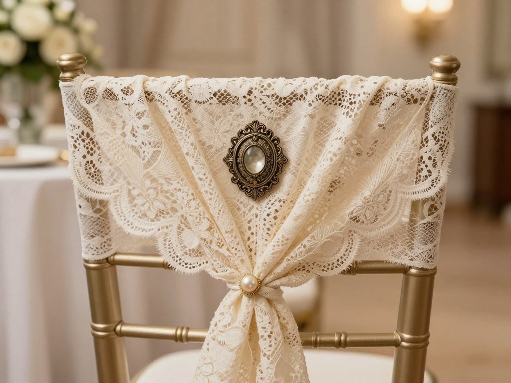 Vintage wedding chair with antique brooch and lace