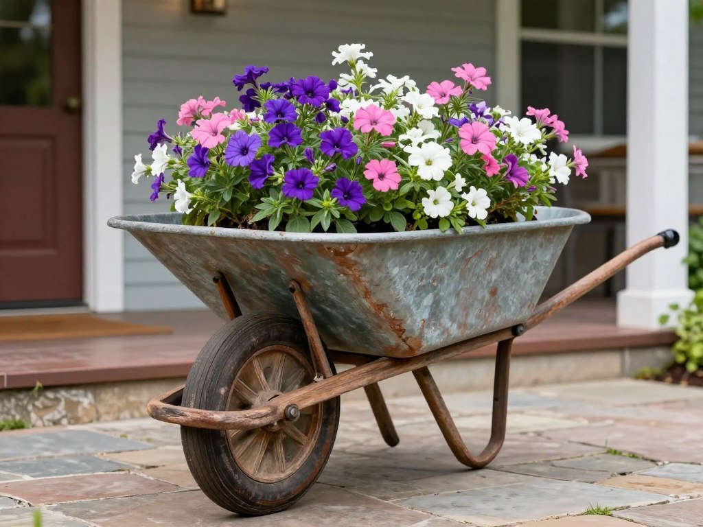 Vintage wheelbarrow repurposed as a planter filled with colorful flowers