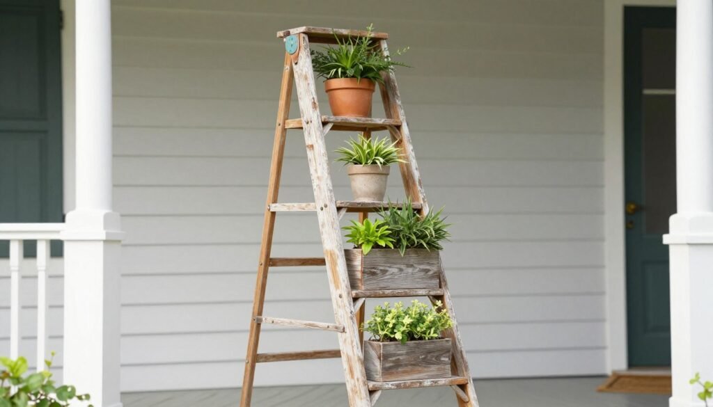 Vintage wooden ladder repurposed as a tiered plant display on a front porch Vintage wooden ladder repurposed as a tiered plant display on a front porch