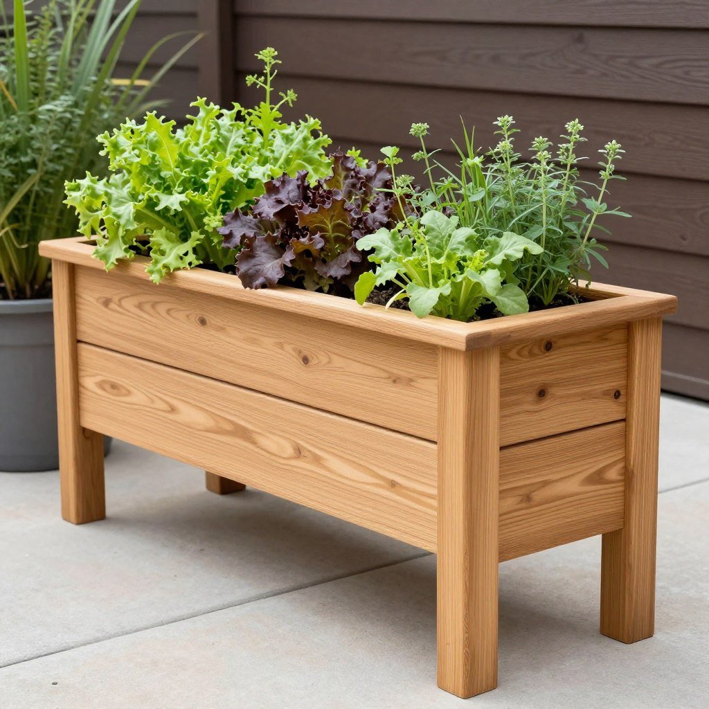 Waist-high elevated cedar planter box on legs Waist-high elevated cedar planter box on legs