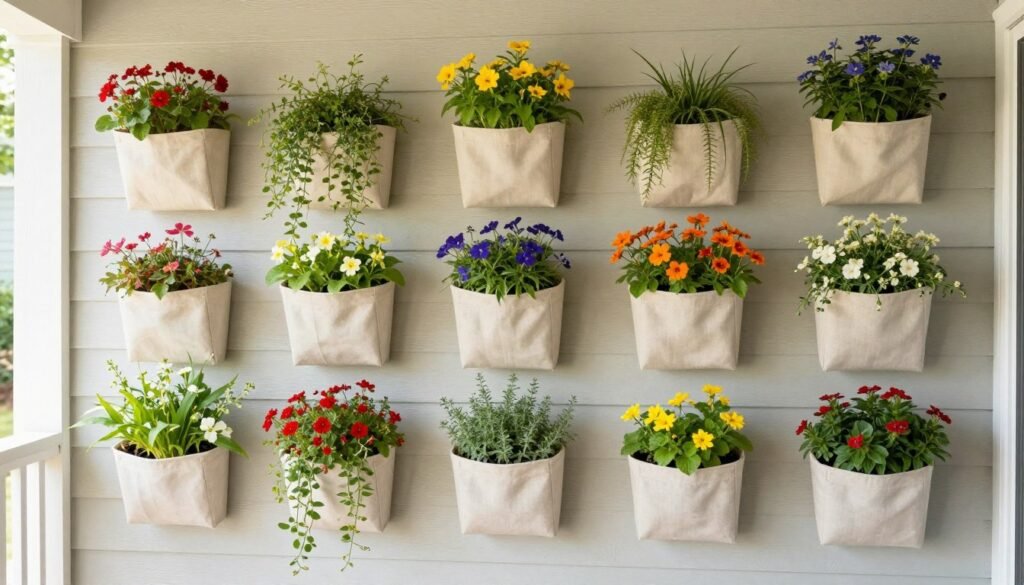 Wall-mounted vertical planters with herbs and flowers creating a living wall on a front porch Wall-mounted vertical planters with herbs and flowers creating a living wall on a front porch