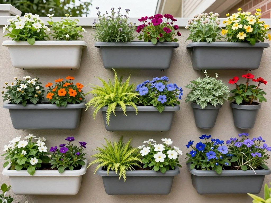 Wall planter arrangement showing seasonal adaptability with changing plants