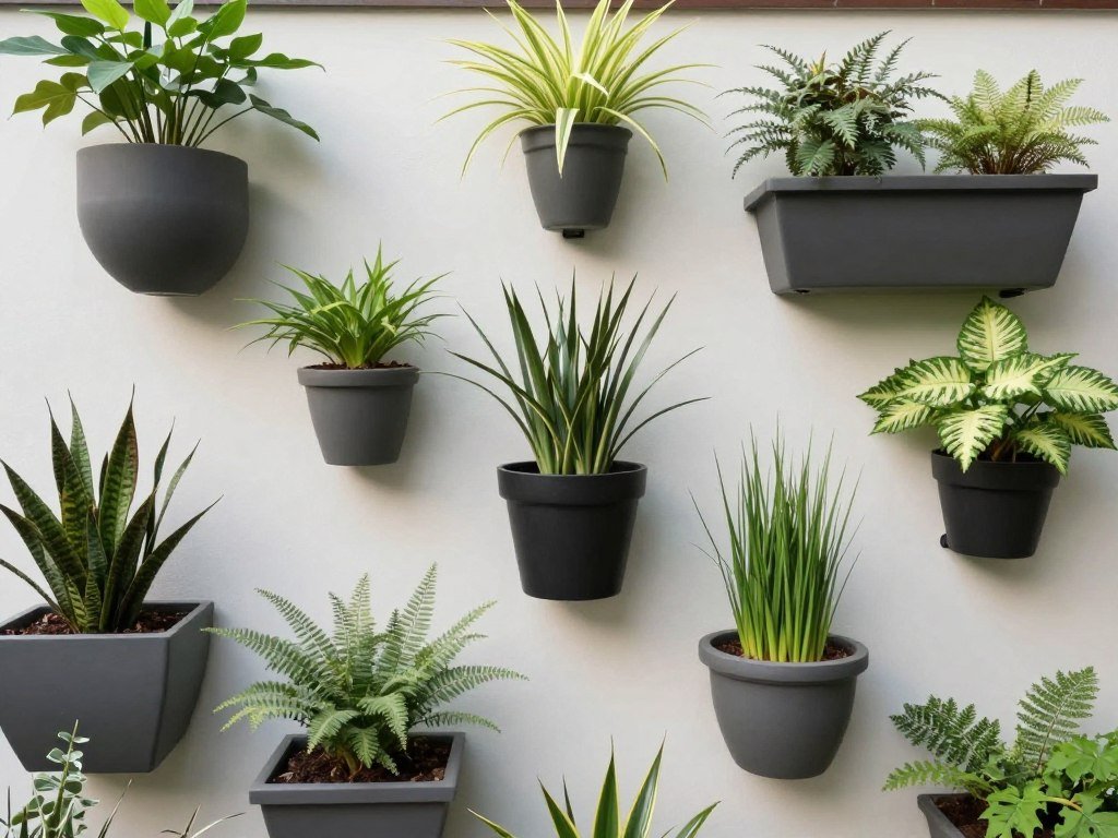 Wall planters arranged at different heights and depths creating visual interest
