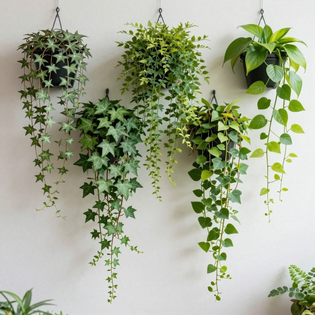 Wall planters with beautiful cascading plants flowing downward