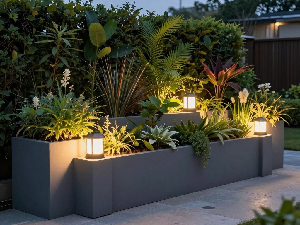 Wall planters with integrated solar lights creating evening ambiance