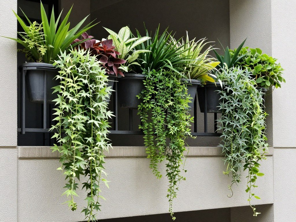 Wall planters with trailing plants creating privacy on a balcony