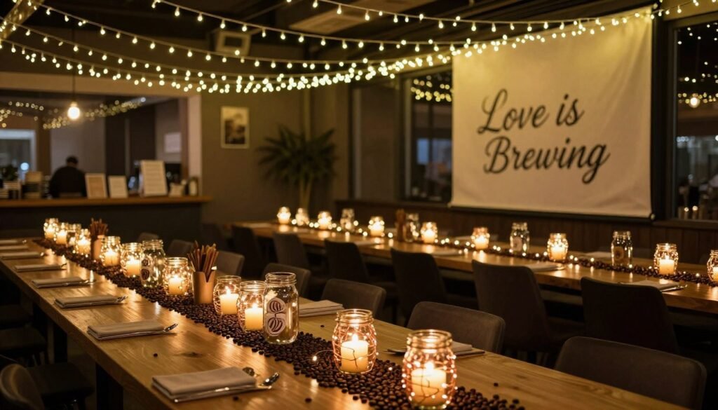 Warm cafe-style lighting with string lights and candles for love is brewing bridal shower