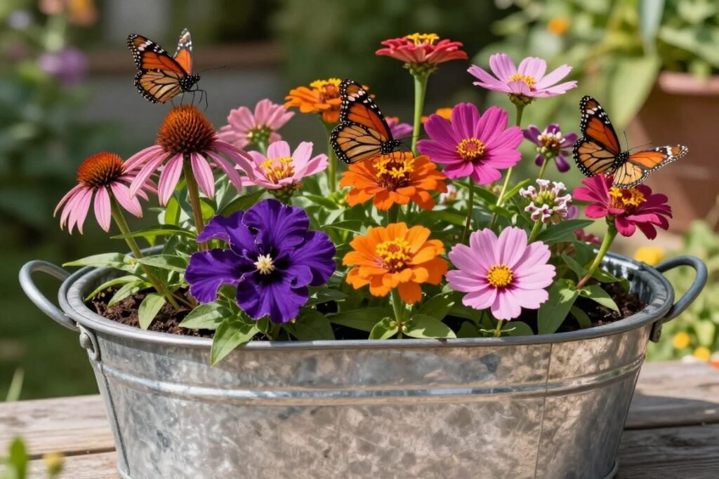 Wash tub butterfly garden with nectar-rich flowers and a butterfly visiting
