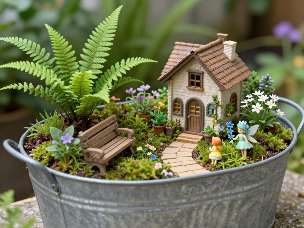 Wash tub fairy garden with miniature accessories and tiny plants
