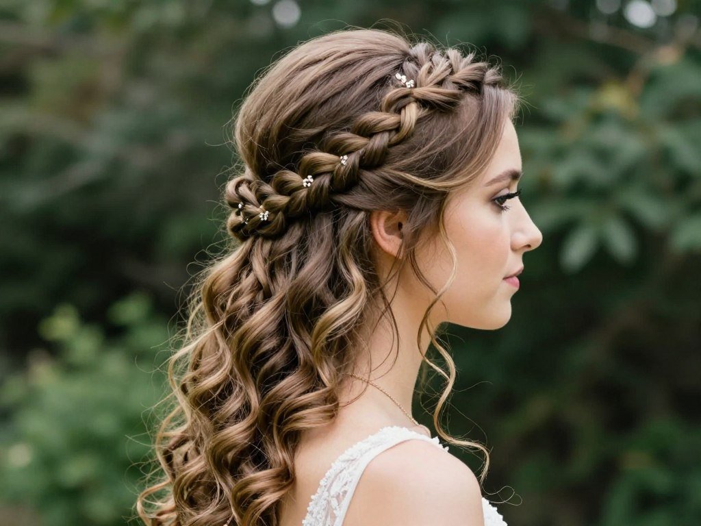 Waterfall braid bridesmaid hairstyle with curls for romantic wedding