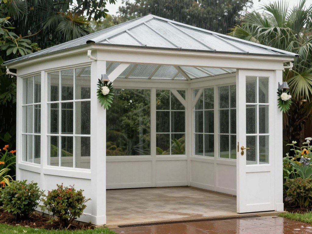 Weather-protected wedding entrance with covered canopy and secure decorations