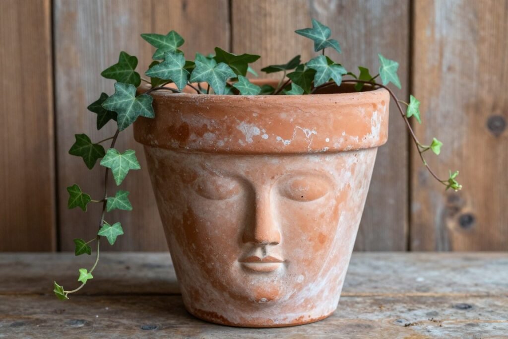 Weathered terracotta face pot with antique finish and trailing ivy Weathered terracotta face pot with antique finish and trailing ivy
