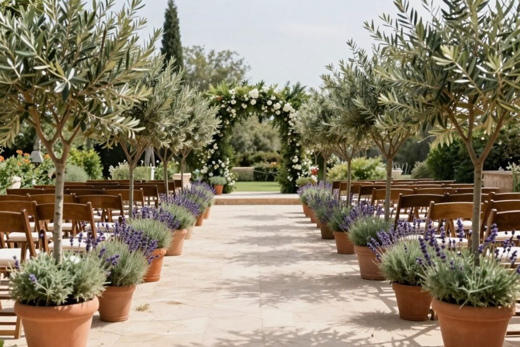 Wedding aisle bordered with potted olive trees and lavender plants