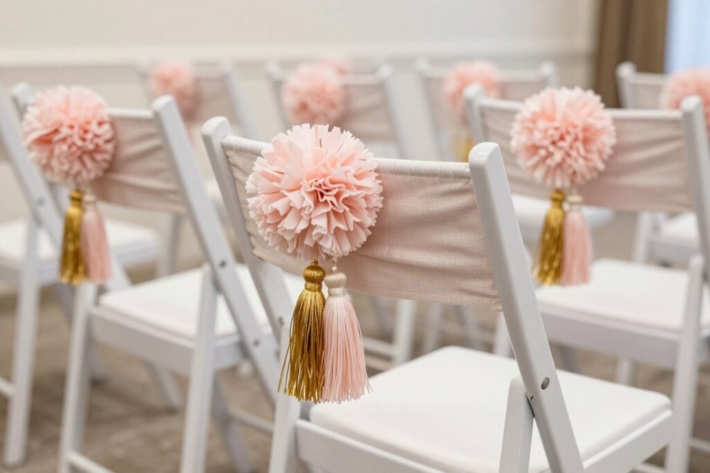 Wedding aisle chairs decorated with handmade fabric pom poms and tassels in wedding colors