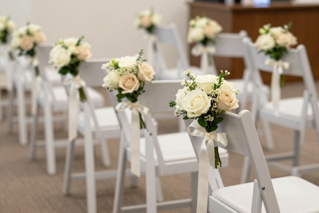 Wedding aisle chairs decorated with small floral posies tied with ribbon
