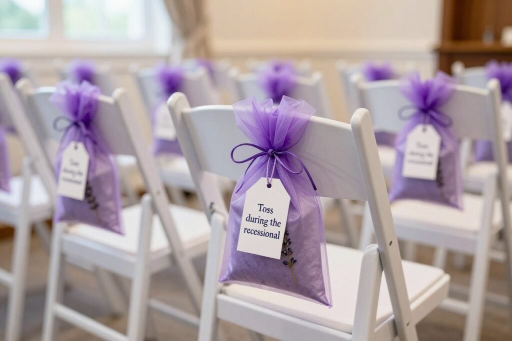 Wedding aisle chairs with small sachets of lavender attached for guests to toss during the recessional