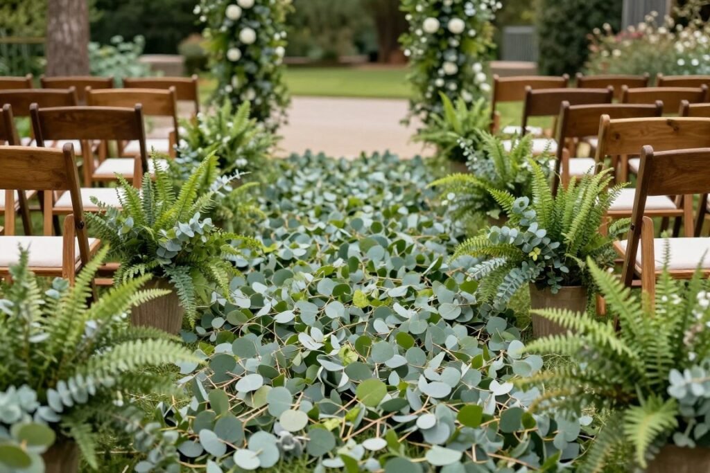 Wedding aisle decorated with a lush greenery runner between rows of chairs