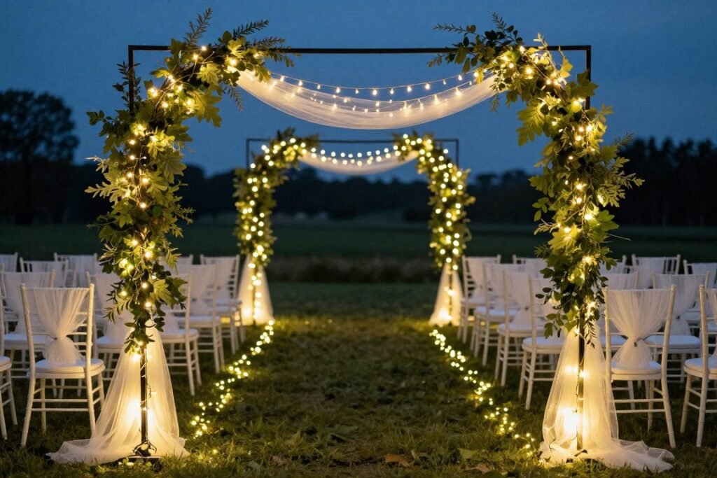 Wedding aisle decorated with fairy lights woven through greenery and tulle