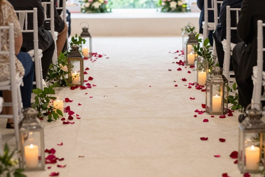 Wedding aisle decorated with flower petals, lanterns, and greenery