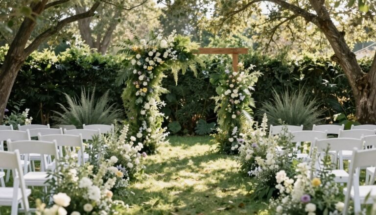 Wedding aisle decorated with greenery and wildflowers in a garden setting