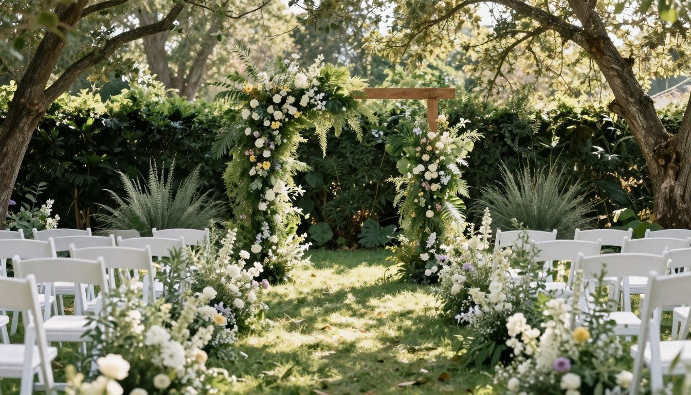 Wedding aisle decorated with greenery and wildflowers in a garden setting