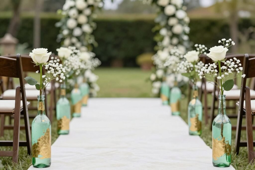 Wedding aisle decorated with painted glass bottles holding single stem flowers