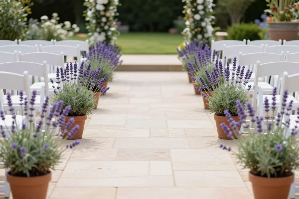 Wedding aisle decorated with potted lavender plants along both sides