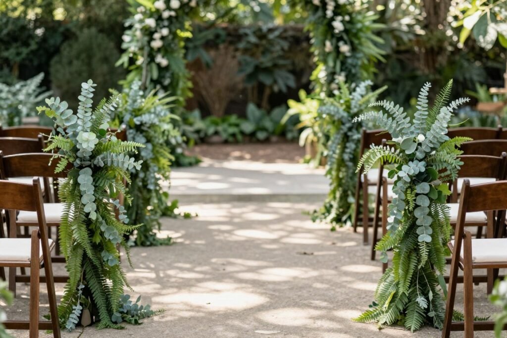 Wedding aisle decorated with simple eucalyptus and fern garlands