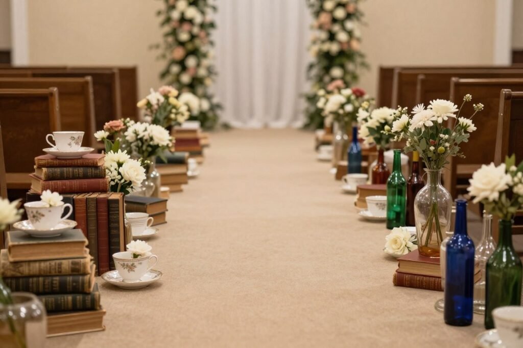 Wedding aisle decorated with thrifted vintage items like books, teacups, and bottles