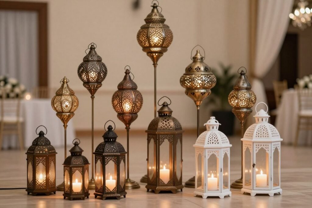 Wedding aisle decorated with various styles of lanterns at different heights