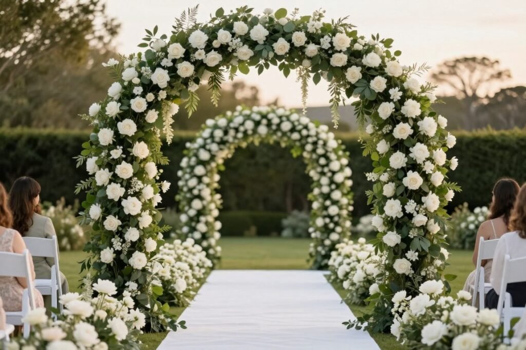 Wedding aisle leading to a dramatic circular arch covered in flowers and greenery