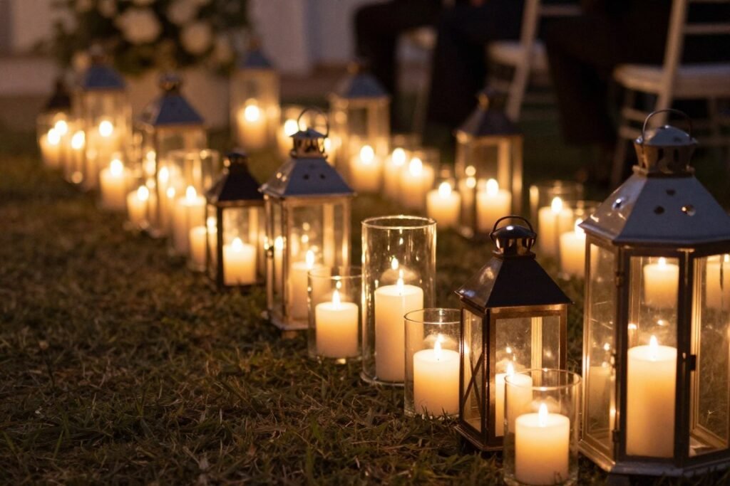 Wedding aisle lined with candles in glass hurricanes and lanterns