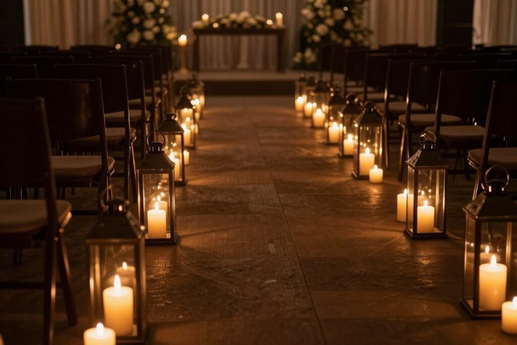 Wedding aisle lined with candles in hurricane lanterns creating a romantic glow
