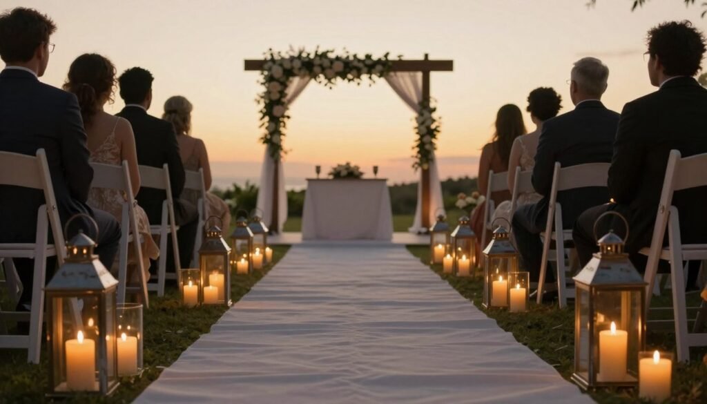 Wedding aisle lined with lanterns and candles at sunset