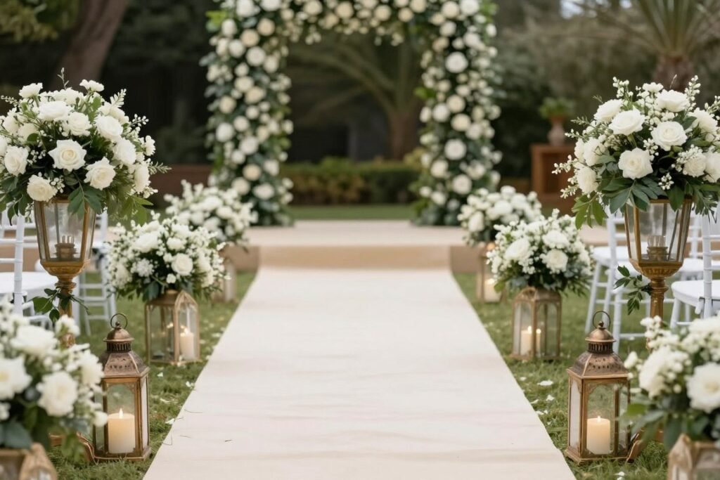Wedding aisle lined with lanterns and floral arrangements leading to decorated altar