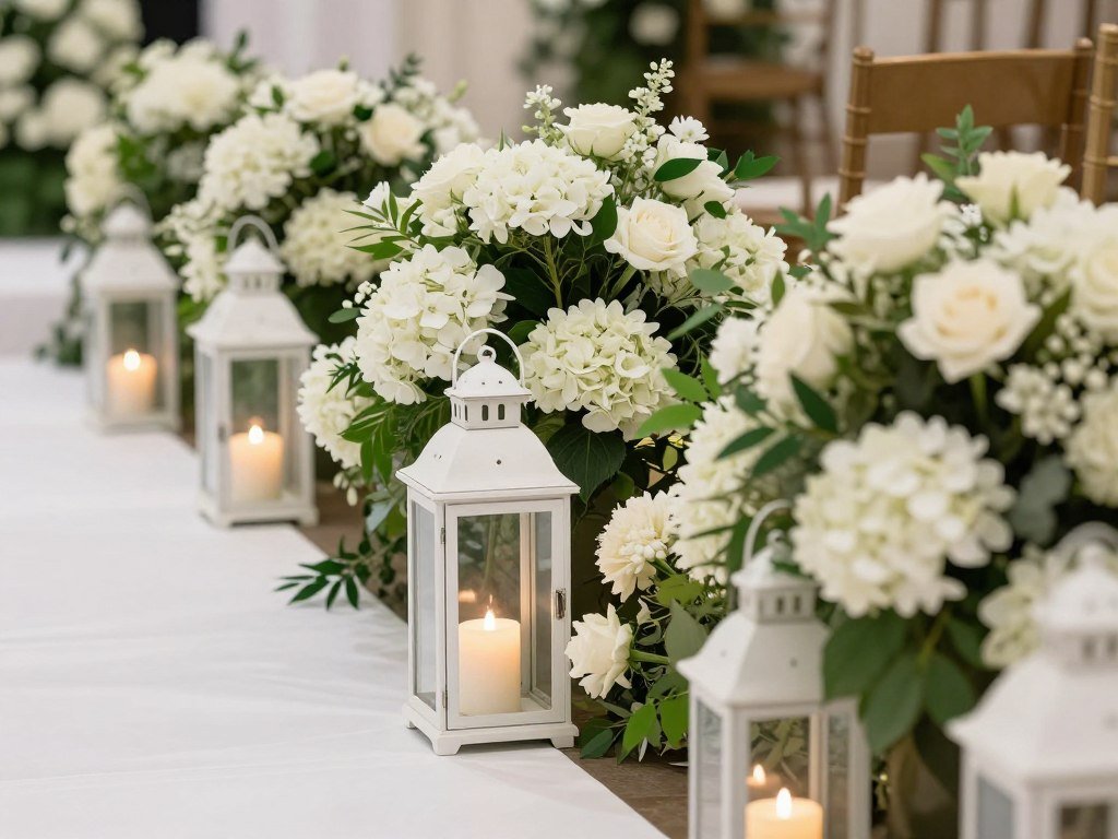 Wedding aisle markers with lanterns and flower arrangements