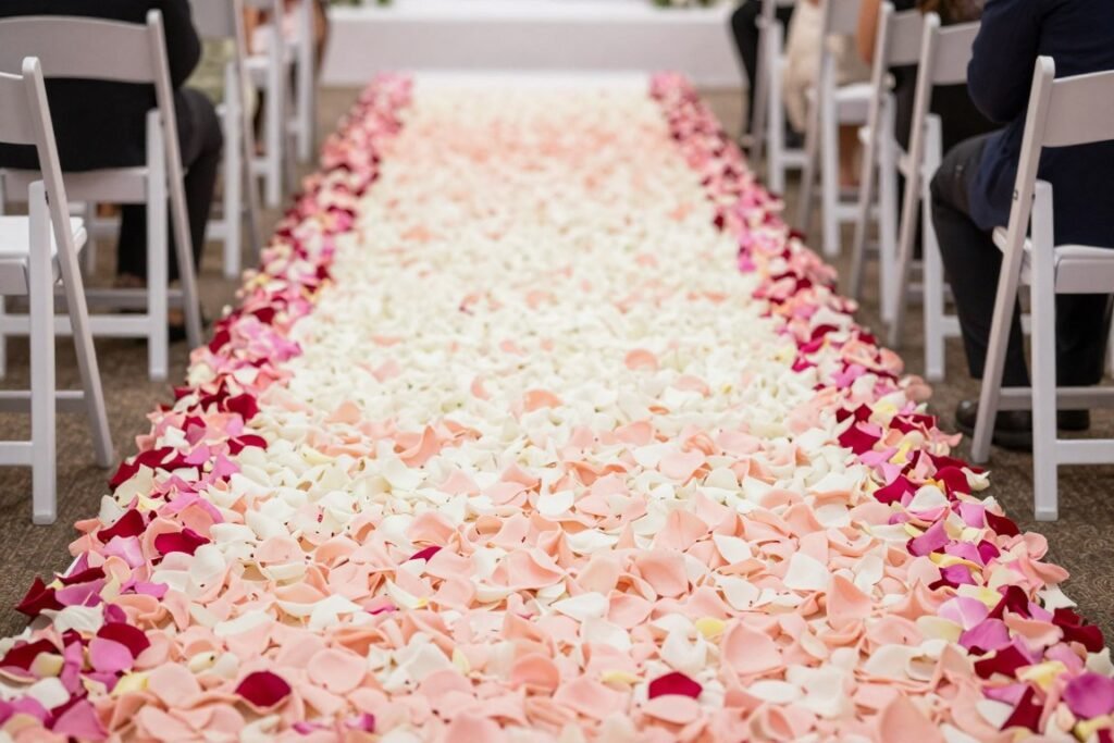 Wedding aisle with an ombré effect created with flower petals transitioning from white to deep pink
