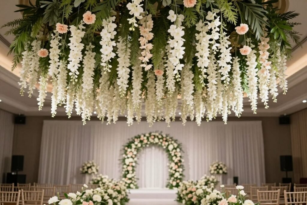 Wedding aisle with hanging floral installations creating a canopy effect