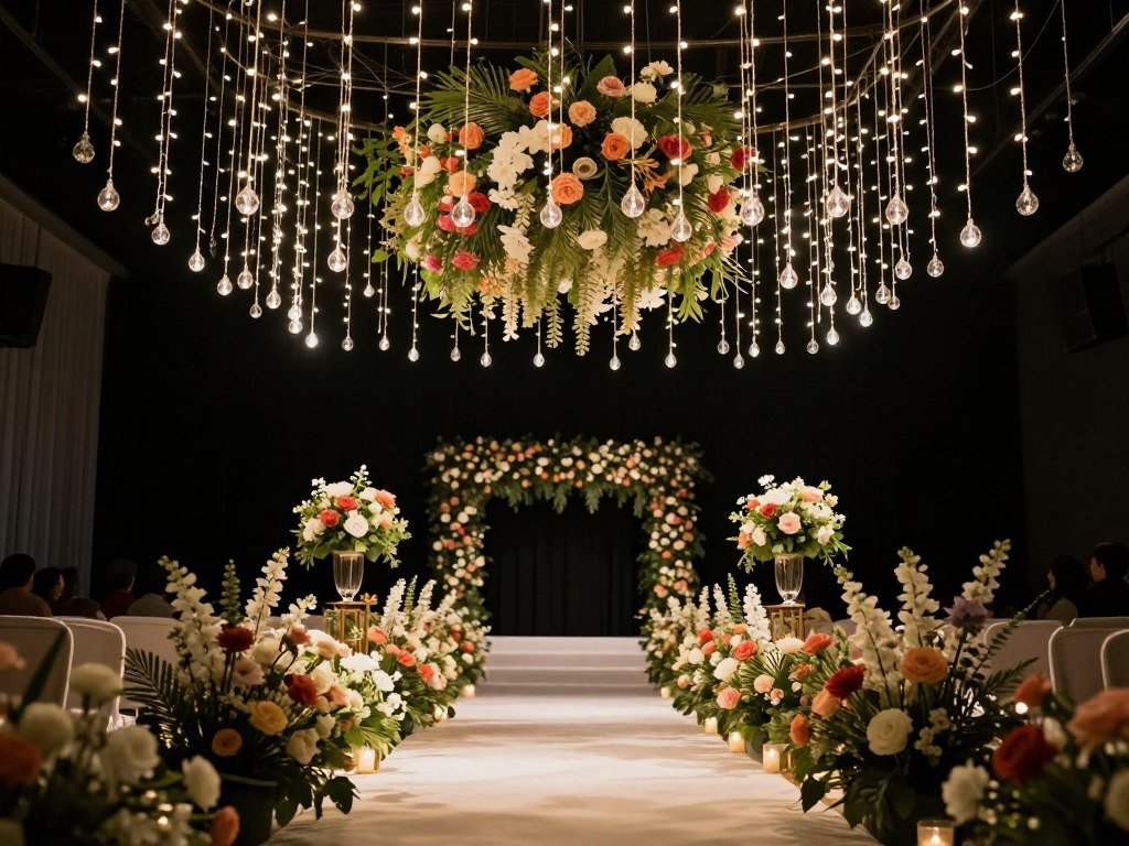 Wedding aisle with hanging installations of flowers and string lights