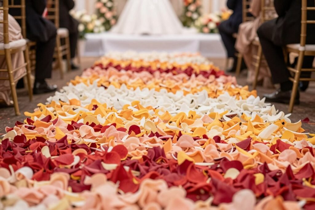 Wedding aisle with ombré effect flower petals creating a beautiful pathway
