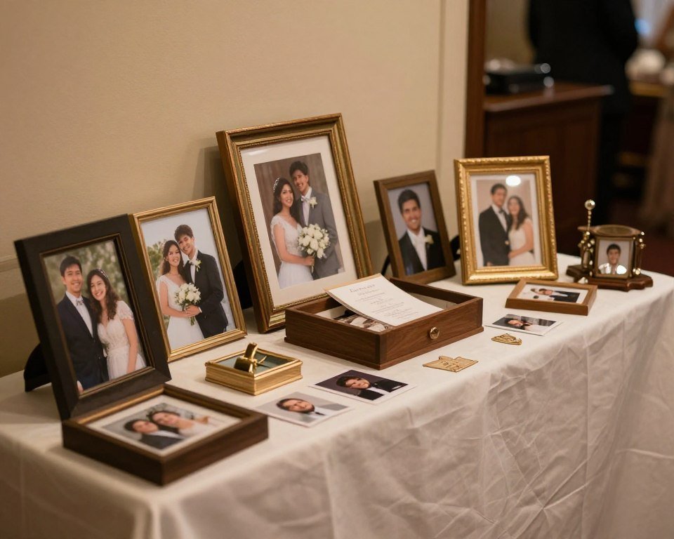 Wedding aisle with personalized elements including family photos and mementos