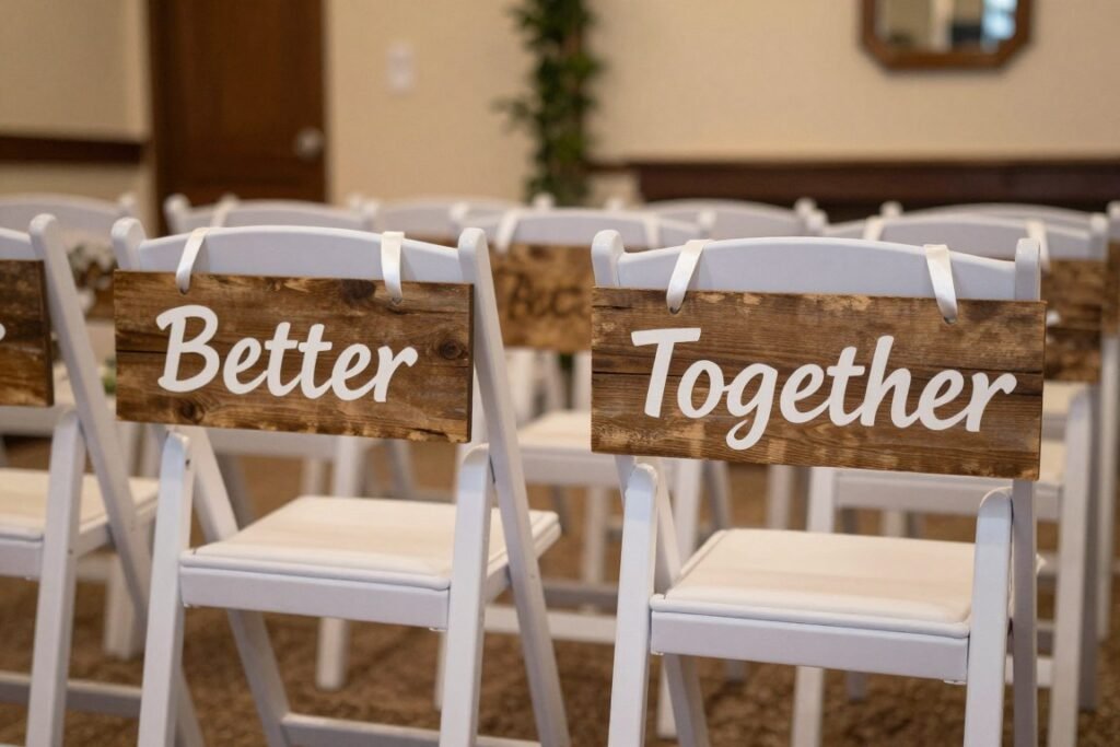 Wedding aisle with personalized wooden signs on the last row of chairs reading 'Better' and 'Together'