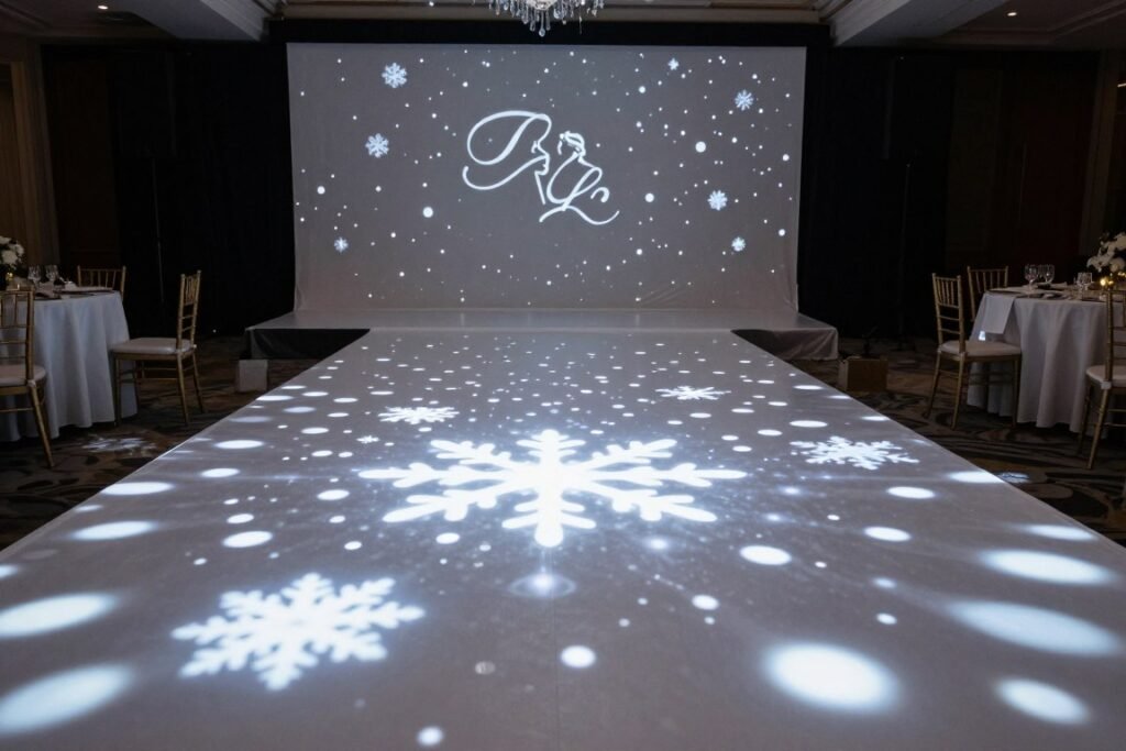 Wedding aisle with projection mapping effects creating patterns of light on the floor