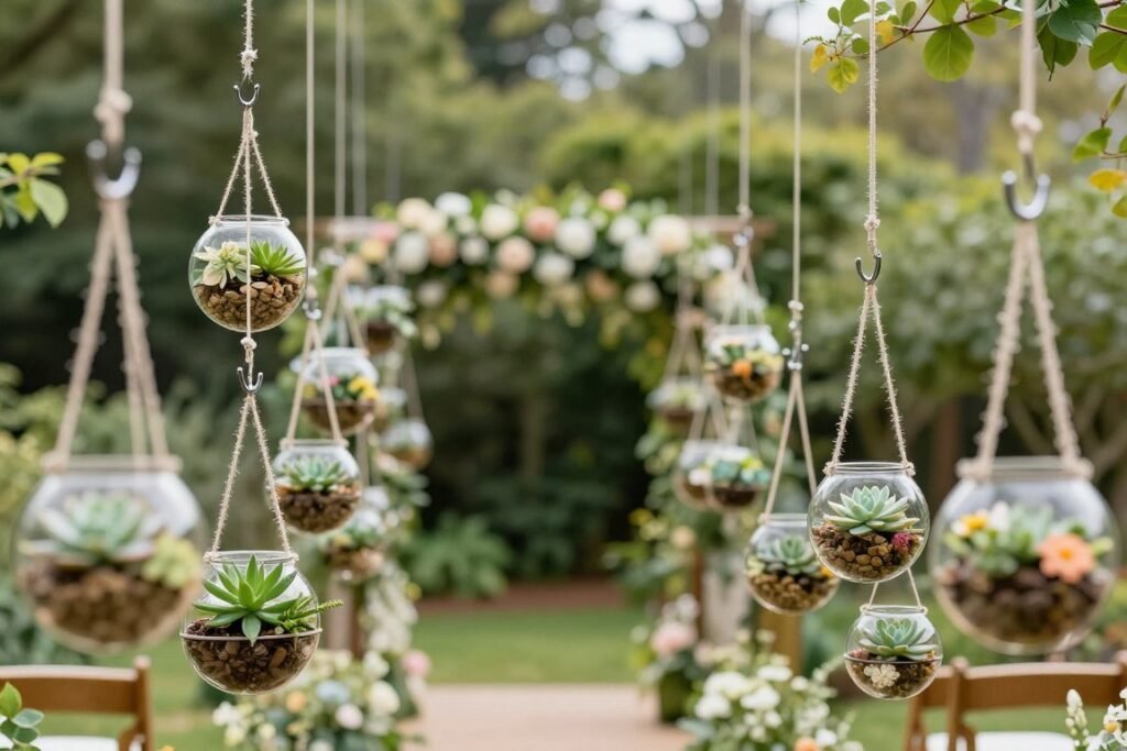 Wedding aisle with shepherd's hooks holding hanging glass terrariums with flowers