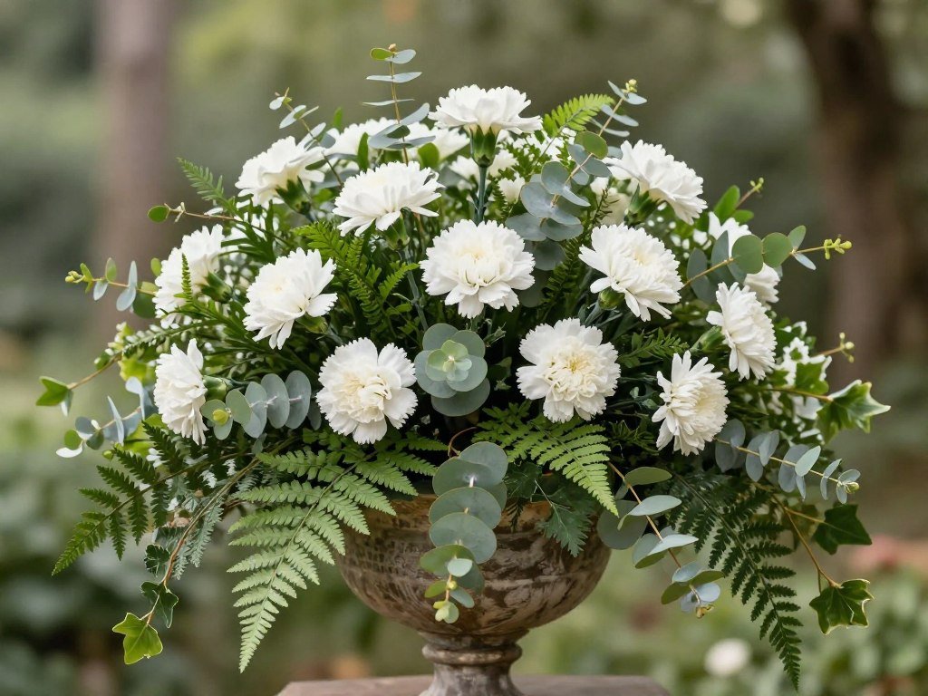Wedding arrangement mixing flowers with greenery