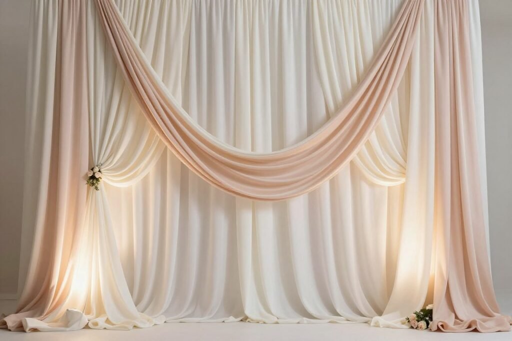 Wedding backdrop with elegantly draped fabric in ivory and blush tones