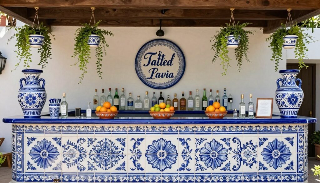 Wedding bar area decorated with Talavera tiles, pottery vessels for drinks, and coordinating signage Wedding bar area decorated with Talavera tiles, pottery vessels for drinks, and coordinating signage