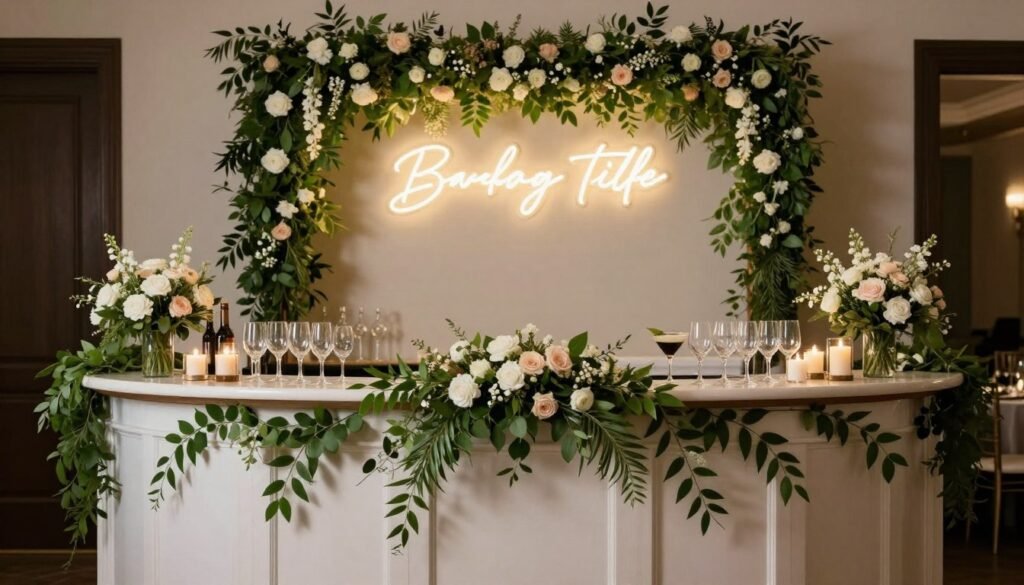 Wedding bar with a statement front featuring greenery, flowers, and custom signage