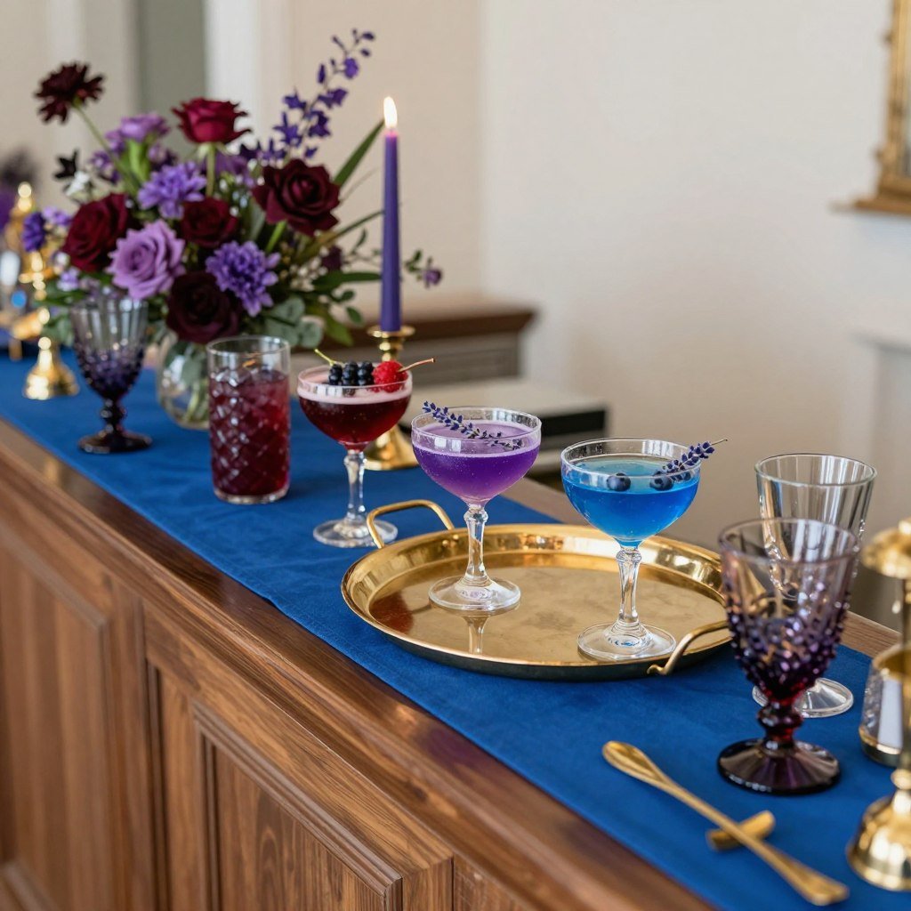 Wedding bar with signature cocktails in jewel tone colors, garnished with berries and herbs Wedding bar with signature cocktails in jewel tone colors, garnished with berries and herbs