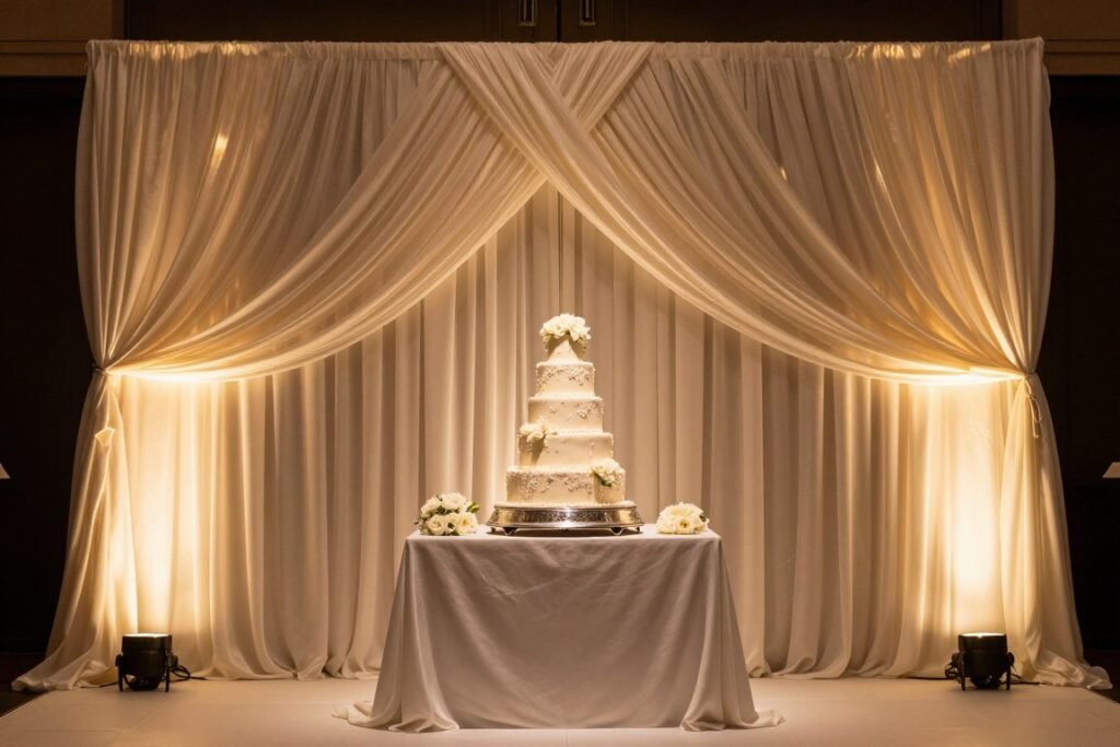 Wedding cake display with draped fabric backdrop and lighting